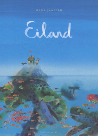 Illustration of an island in the sea that is the back of a turtle, which you can see under the water