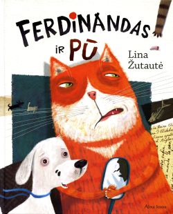 A big, serious, orange cat Fred and little pup Paw