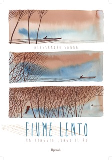 A person is slowly sailing down a river on a little boat. The scene is depicted by the use of three watercolor illustrations. 