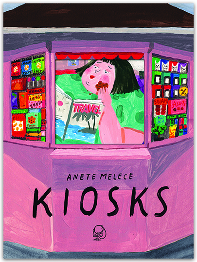 At the center we see a window of a pink kiosk and a face and shoulders of a fat woman in a green dress.