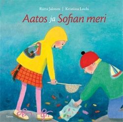  A girl and a boy wearing bright-colored clothes are catching rubber fish with a hand net. The landscape framing them is turquoise and blue.