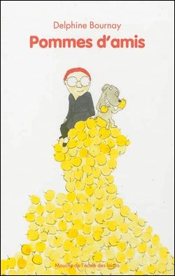 An old woman and a dog are sitting on top of a huge pile of apples