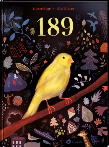 A yellow canary sits on a branch in front of a dark background where scenes of his life are displayed