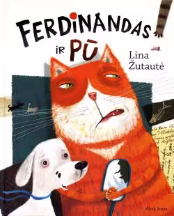 A big, serious, orange cat Fred and little pup Paw