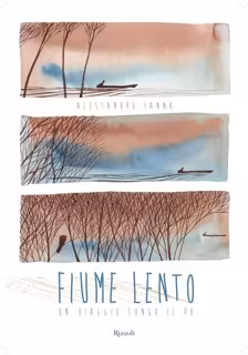 A person is slowly sailing down a river on a little boat. The scene is depicted by the use of three watercolor illustrations. 