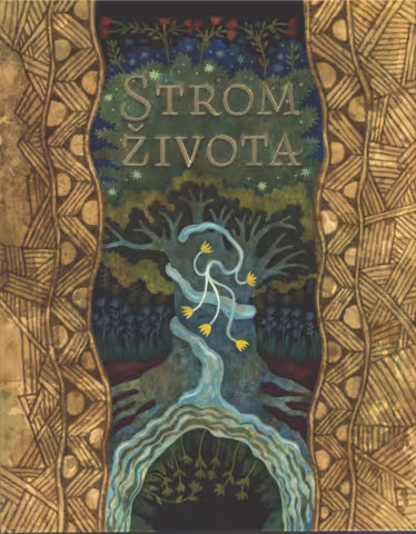 Between draped cloth, or better to say, a curtain with symmetrical ornamentation, we can see the centre of a tree, from its roots to the crown, the trunk is firmly hugged by a spring of water – a source of life. The stars shine in the crown of the tree and flowers smell beautifully.
