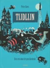 On a bright blue background, several elements from history (a rocket, a dinosaur, a gothic building, a pirate ship,...) forms a parade.