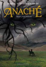 A girl is riding a horse on a green vale. Grey mountains and a stormy sky stand above them. Threatening green eyes look at them from the sky.