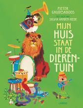 Cover of Mijn huis staat in de dierentuin Animals and musical instruments forming a tower on top of a green background.