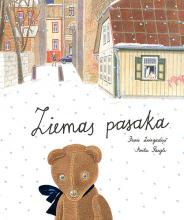 Cover of Ziemas pasaka Riga's houses and a small street. A brown toy bear is looking towards reader.