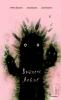 A black creature like fluffy cactus with eyes and hands on a pink backgraund.
